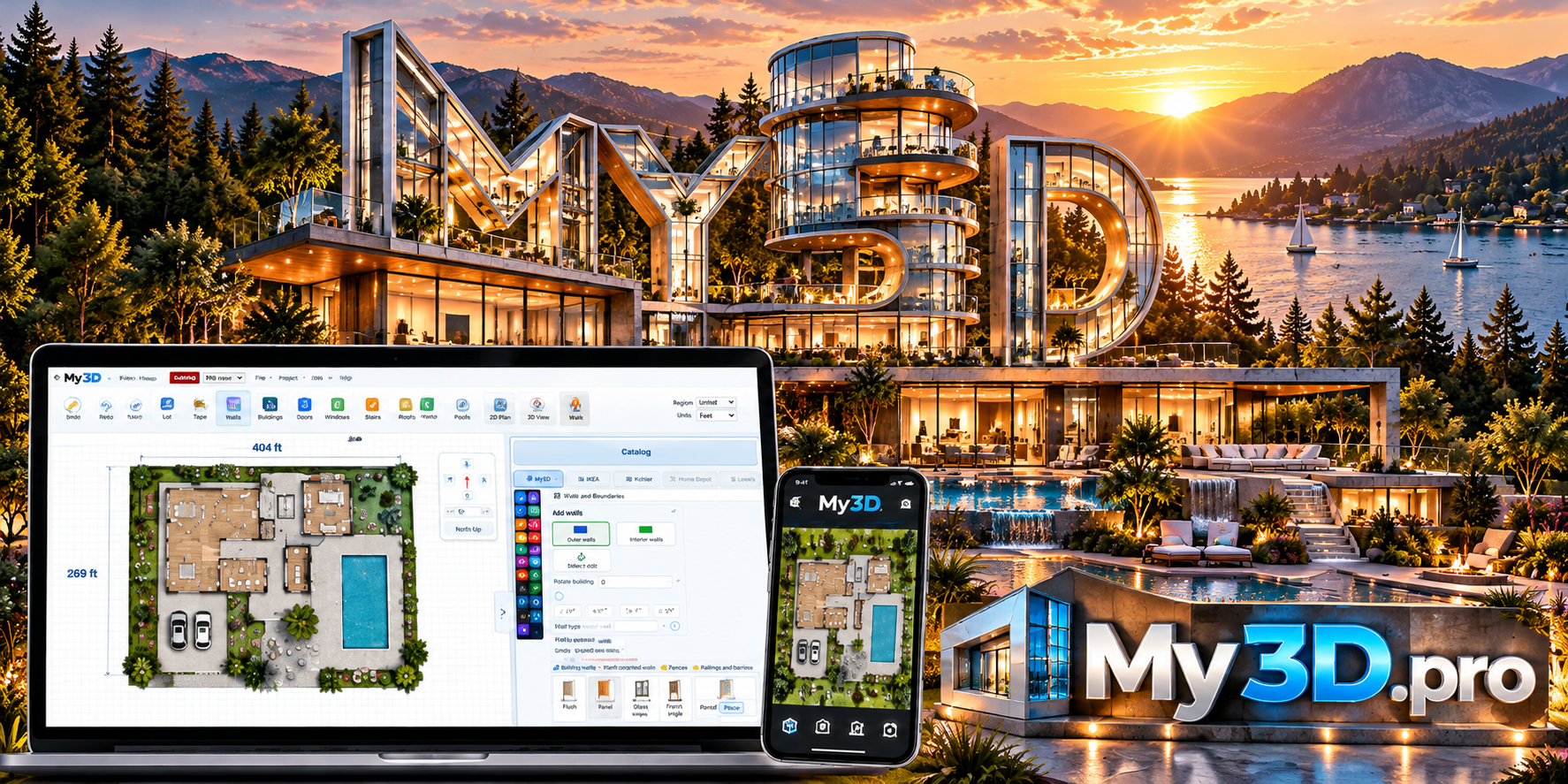 My3D resort building at sunset with the My3D app on a laptop and phone