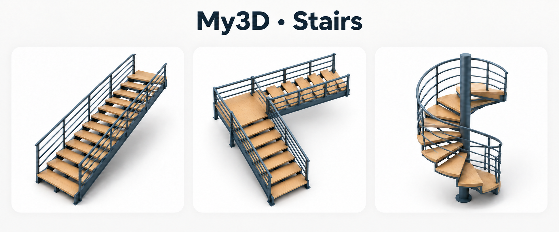 Three stair picture icons: straight staircase, right-turn L-shaped staircase, and circular spiral staircase