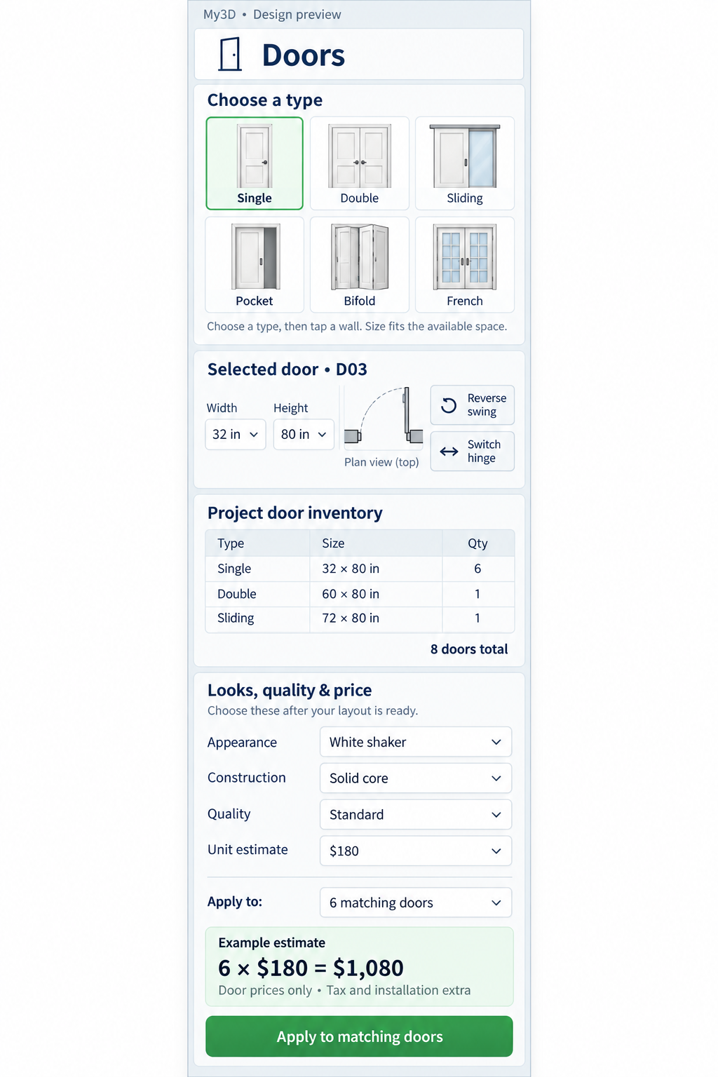 Door panel concept showing door types, size, swing, quantities and optional finish costs