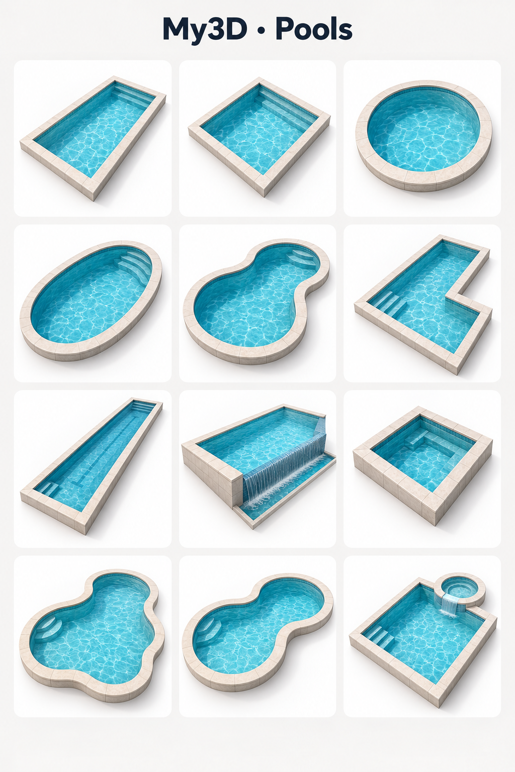Twelve pool picture icons including rectangular, square, circular, oval, kidney, L-shaped, lap, infinity, plunge, freeform, figure-eight and attached spa designs