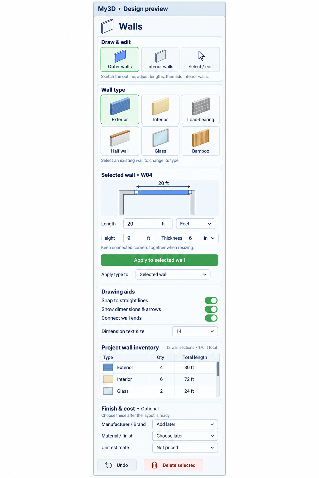 Walls sidebar concept with pencil-like drawing controls, wall types, editable dimensions and scrolling inventory