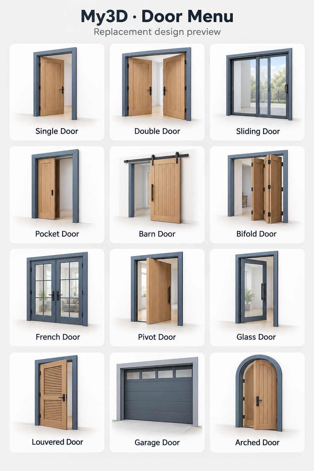 Twelve My3D door menu replacement designs: single, double, sliding, pocket, barn, bifold, French, pivot, glass, louvered, garage and arched